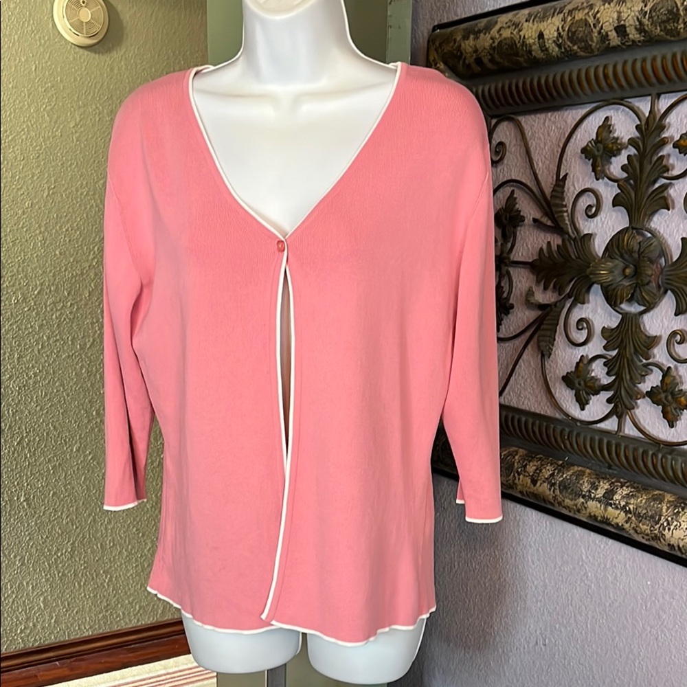 Chic Pink Cardigan with White Edging Sz L